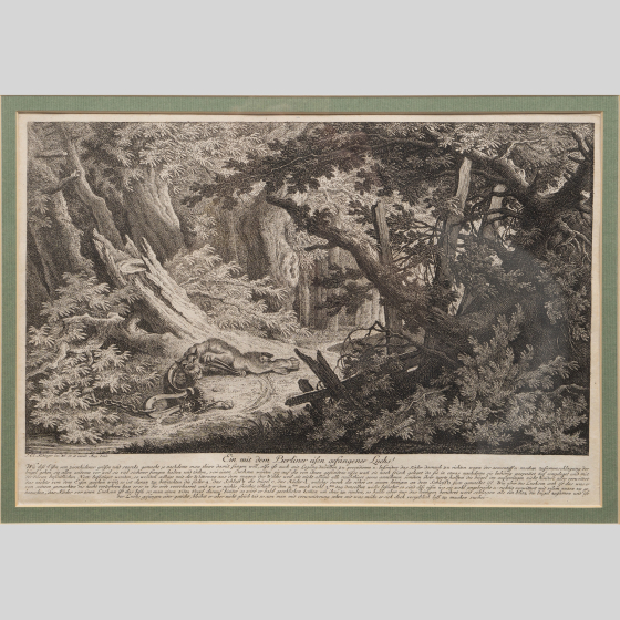 ​Гравюра «Охота на рысь с капканом», Германия, XVIII век