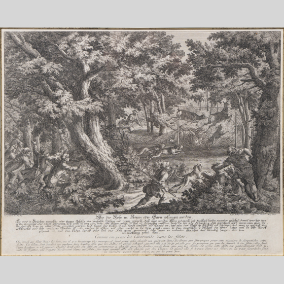 ​Гравюра «Охота на оленей», Германия, XVIII век