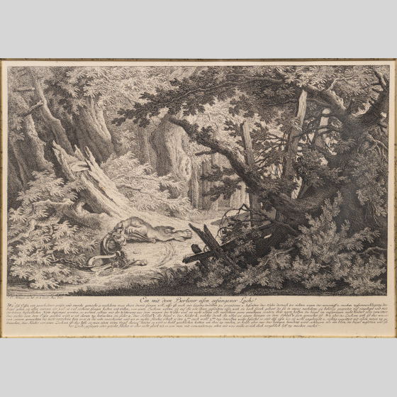 ​Гравюра «Охота на рысь с капканом», Германия, XVIII век