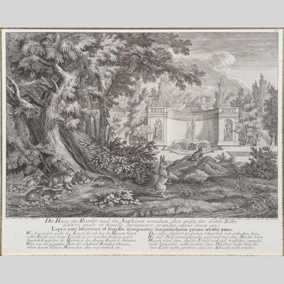 ​Гравюра «Зайцы в парковой роще», Германия, XVIII век