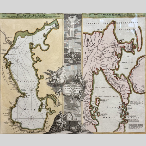 Гравюра ​"Карта Каспийского моря и Камчатки", Германия, 1720-е гг., Гоман И.Б. 