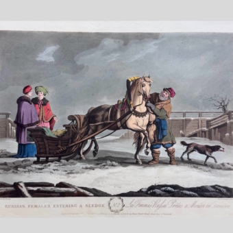 ​Гравюра «Русские дамы перед посадкой в сани​», Англия, XIX век
