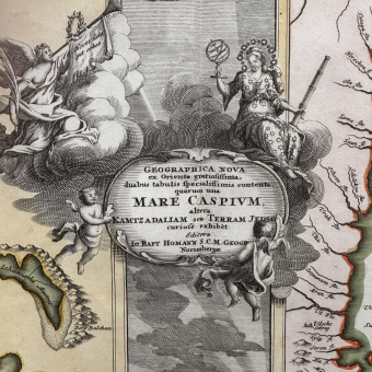 Гравюра ​"Карта Каспийского моря и Камчатки", Германия, 1720-е гг., Гоман И.Б. 