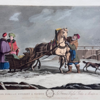 ​Гравюра «Русские дамы перед посадкой в сани​», Англия, XIX век